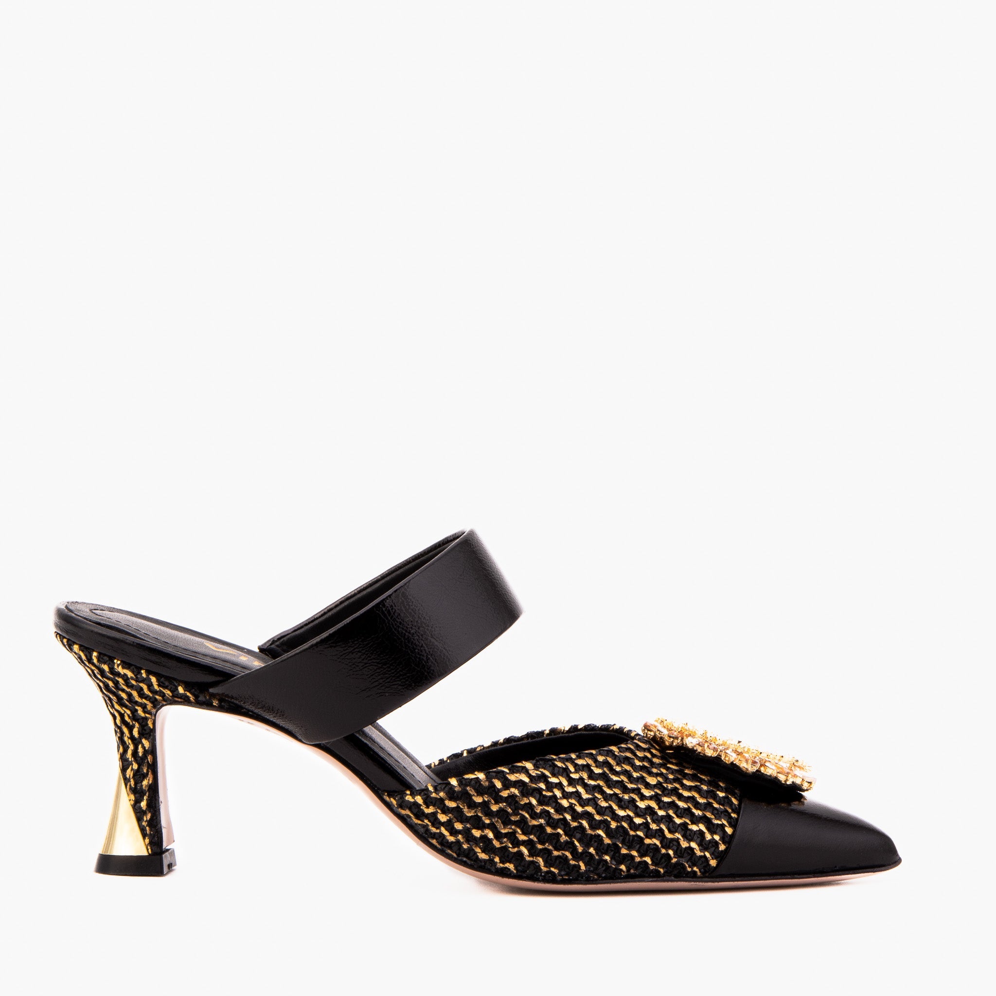 The Valencia Black & Gold Jewel Heel Women Mule Sandal