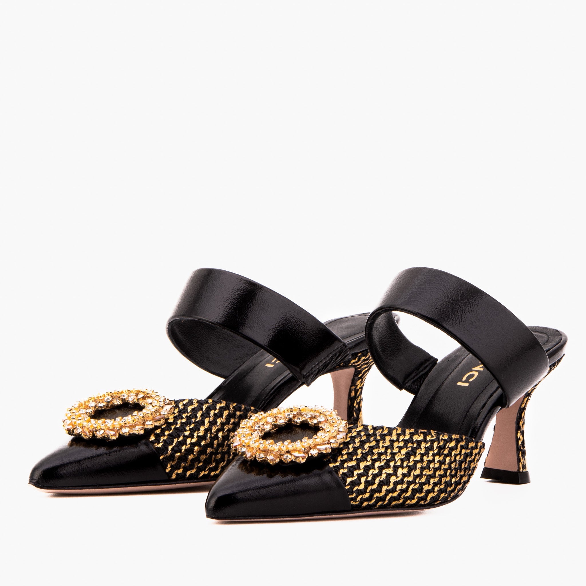 The Valencia Black & Gold Jewel Heel Women Mule Sandal
