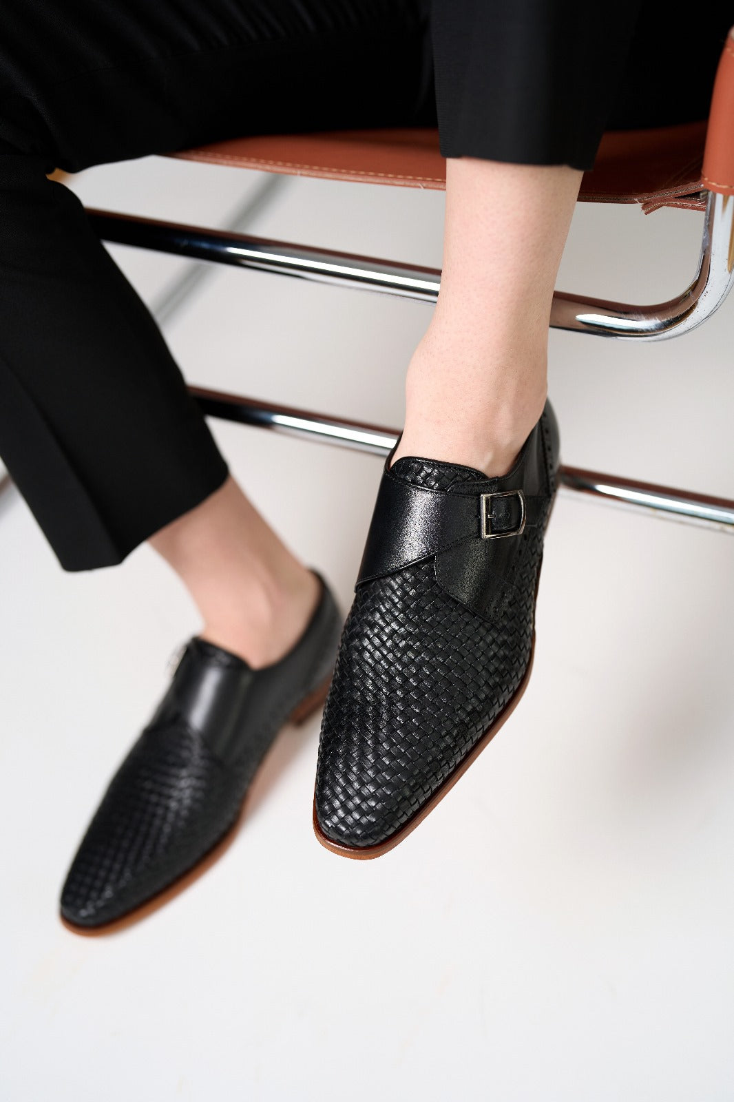 The Rolls  Woven Black Leather Single Monk Strap  Handmade Men Shoe