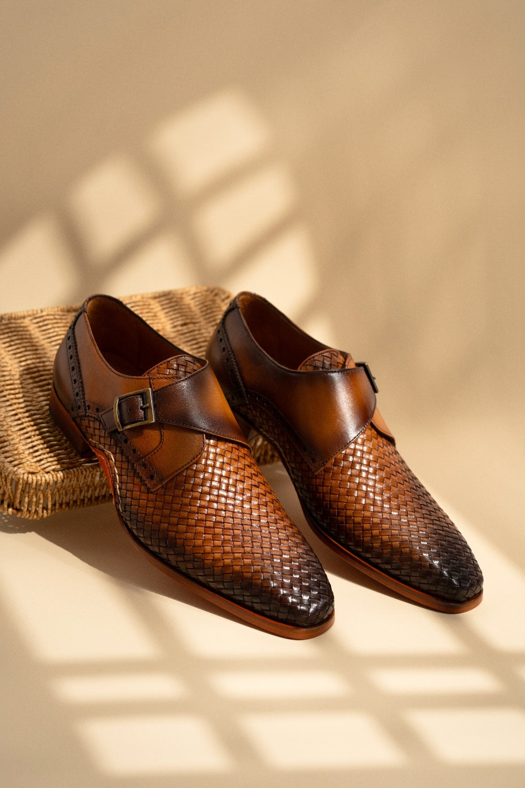 The Rolls  Woven Tan Leather Single Monk Strap  Handmade Men Shoe