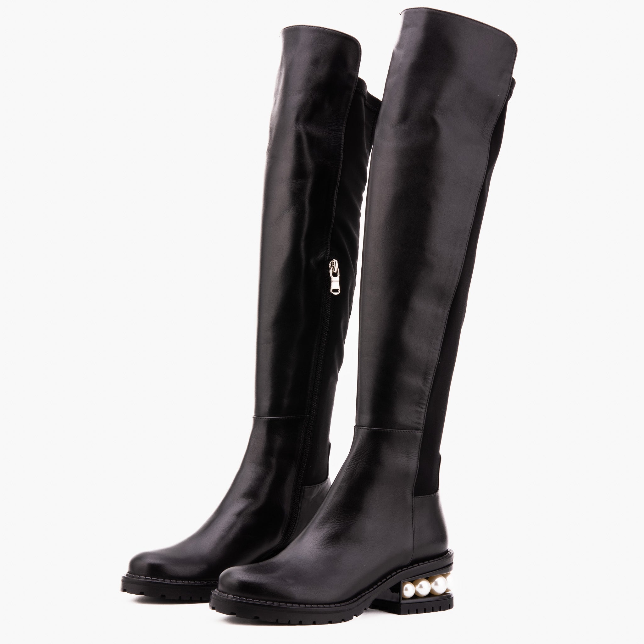 The Valeria Pearl Heel Knee-High Women Black Leather Boot