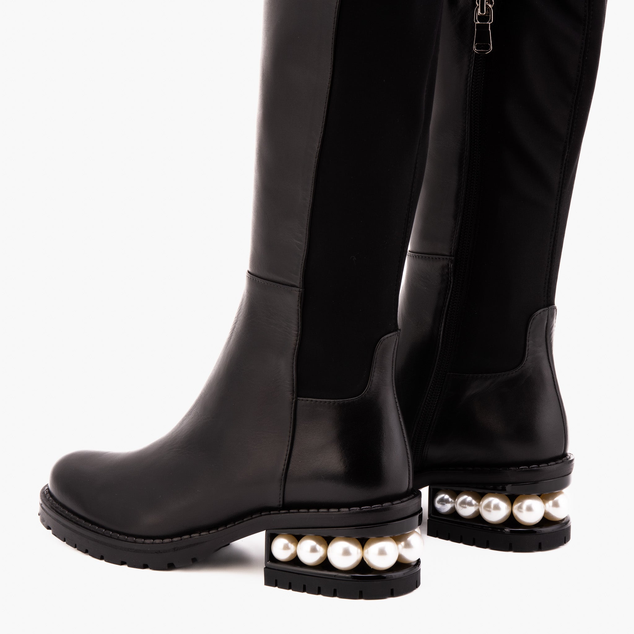 The Valeria Pearl Heel Knee-High Women Black Leather Boot