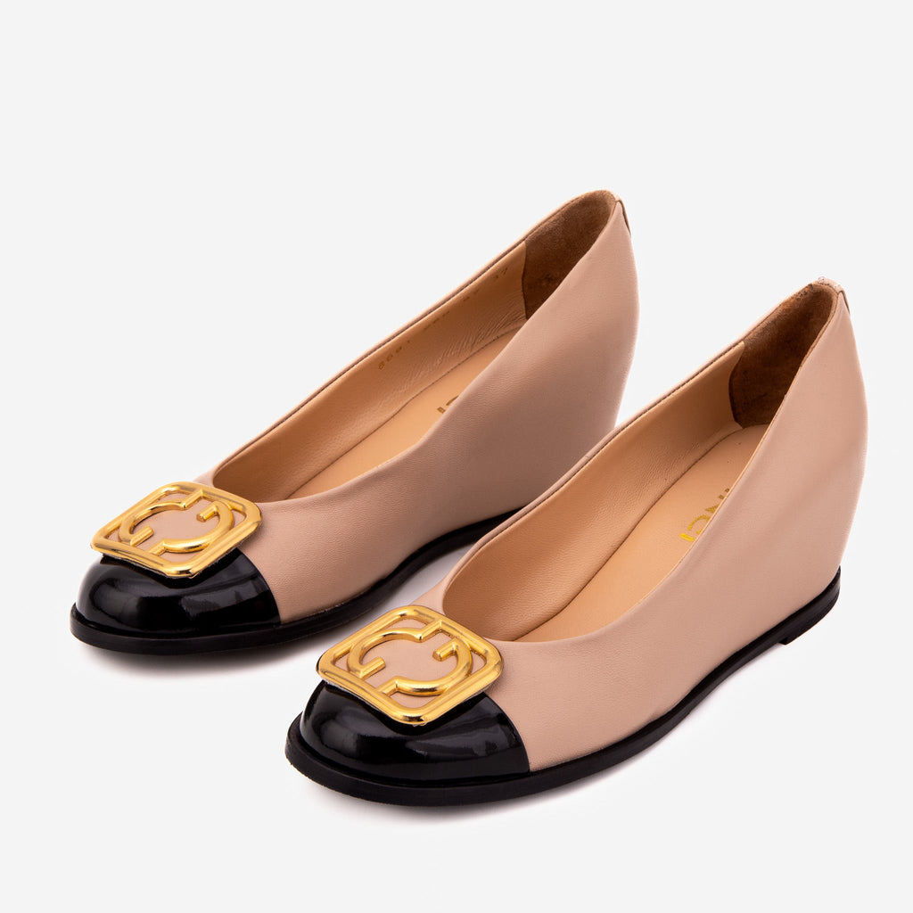 The Selene Beige & Black Leather Wedge Heel Women Shoe