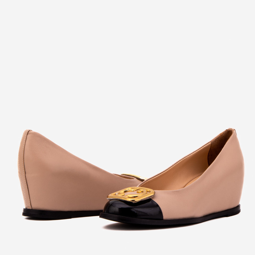 The Selene Beige & Black Leather Wedge Heel Women Shoe