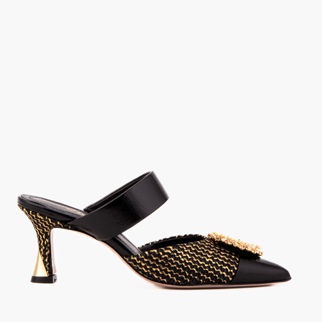 The Valencia Black & Gold Jewel Heel Women Mule Sandal