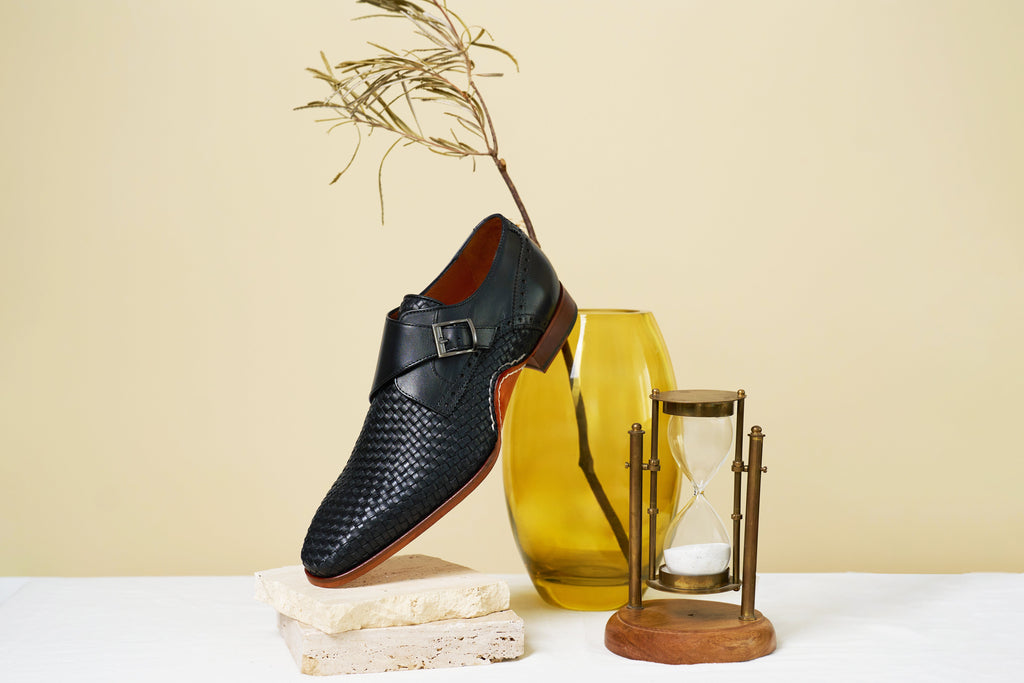 The Rolls  Woven Black Leather Single Monk Strap  Handmade Men Shoe