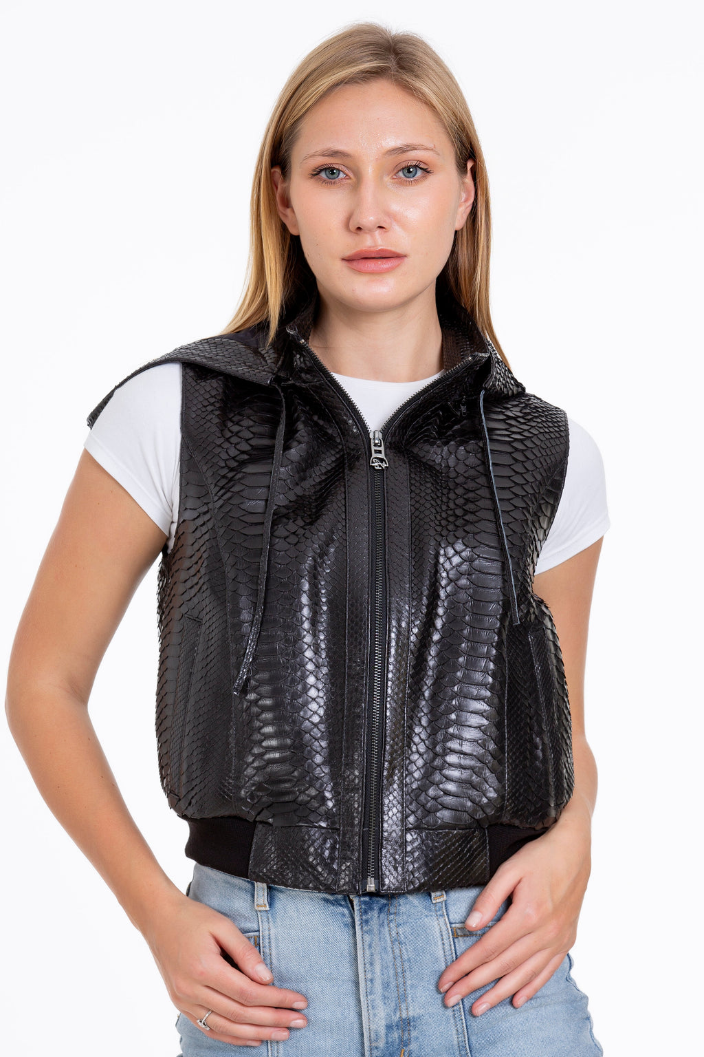 The Yanaka Pythn Skin Leather Black Zip-Up Vest with a Hood Women Jacket