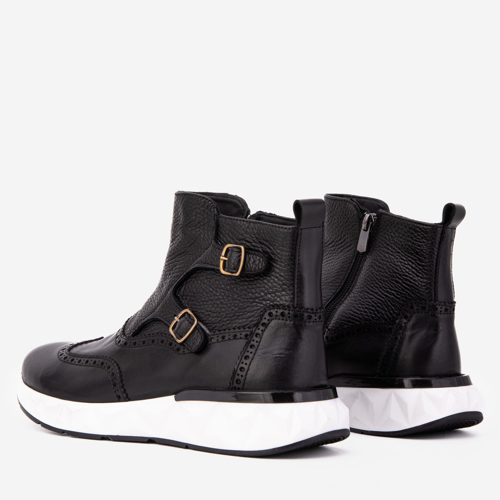 The Stealth Wingtip Buckle Black Leather Men Boot