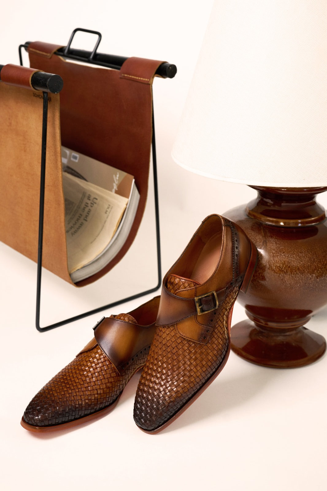 The Rolls  Woven Tan Leather Single Monk Strap  Handmade Men Shoe