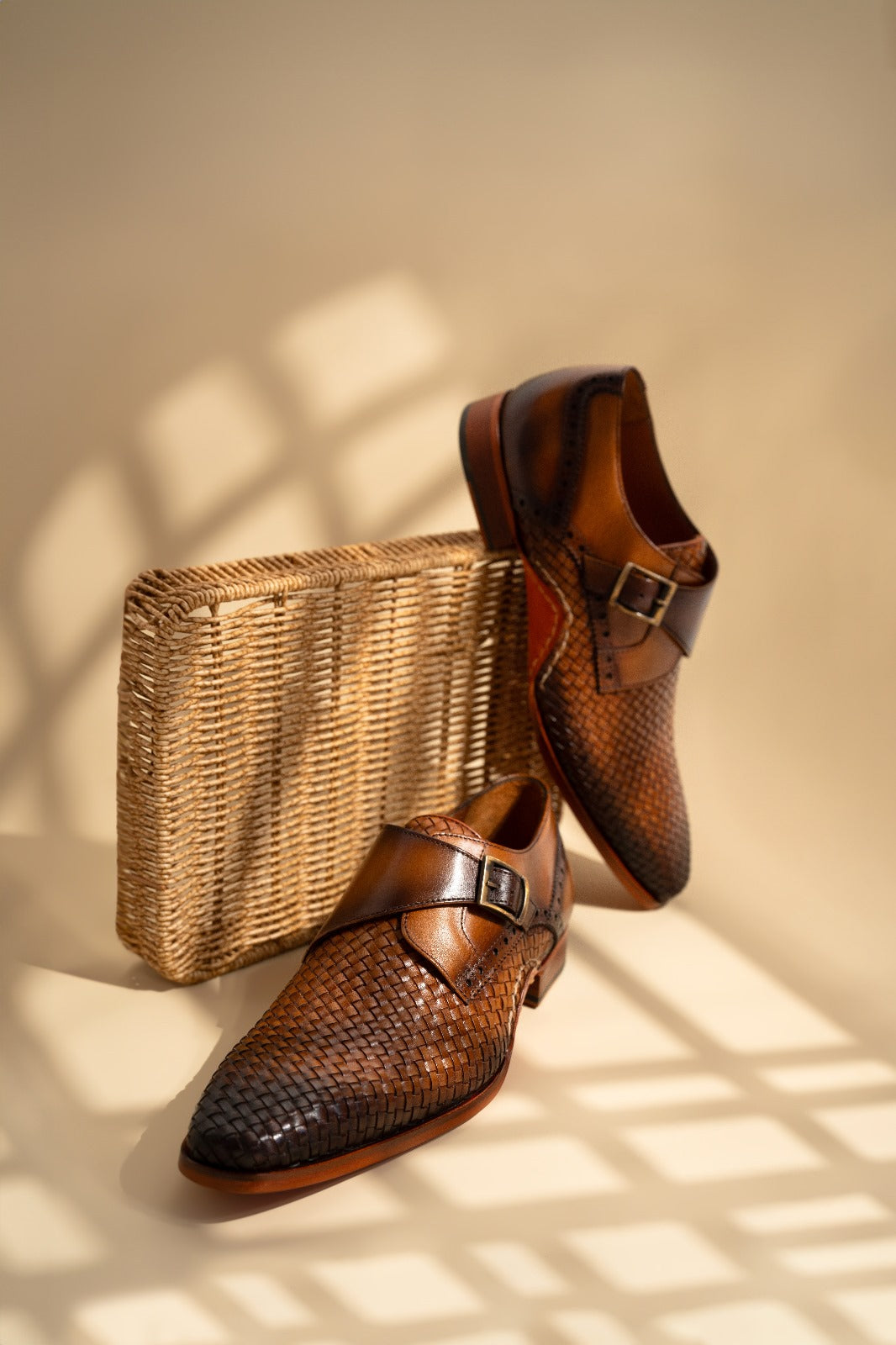 The Rolls  Woven Tan Leather Single Monk Strap  Handmade Men Shoe