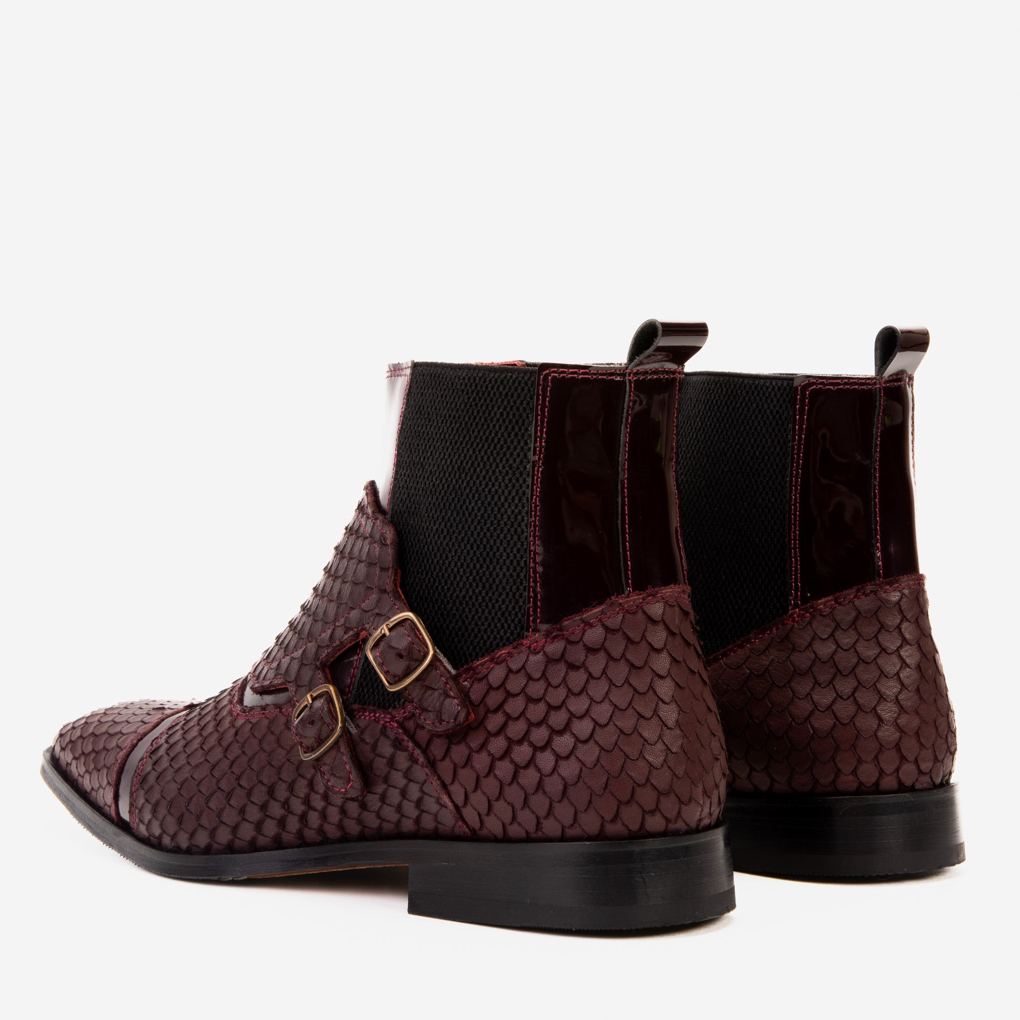 The Orion Burgundy Snakeskin Pattern Leather Double Monk Strap Men Boot