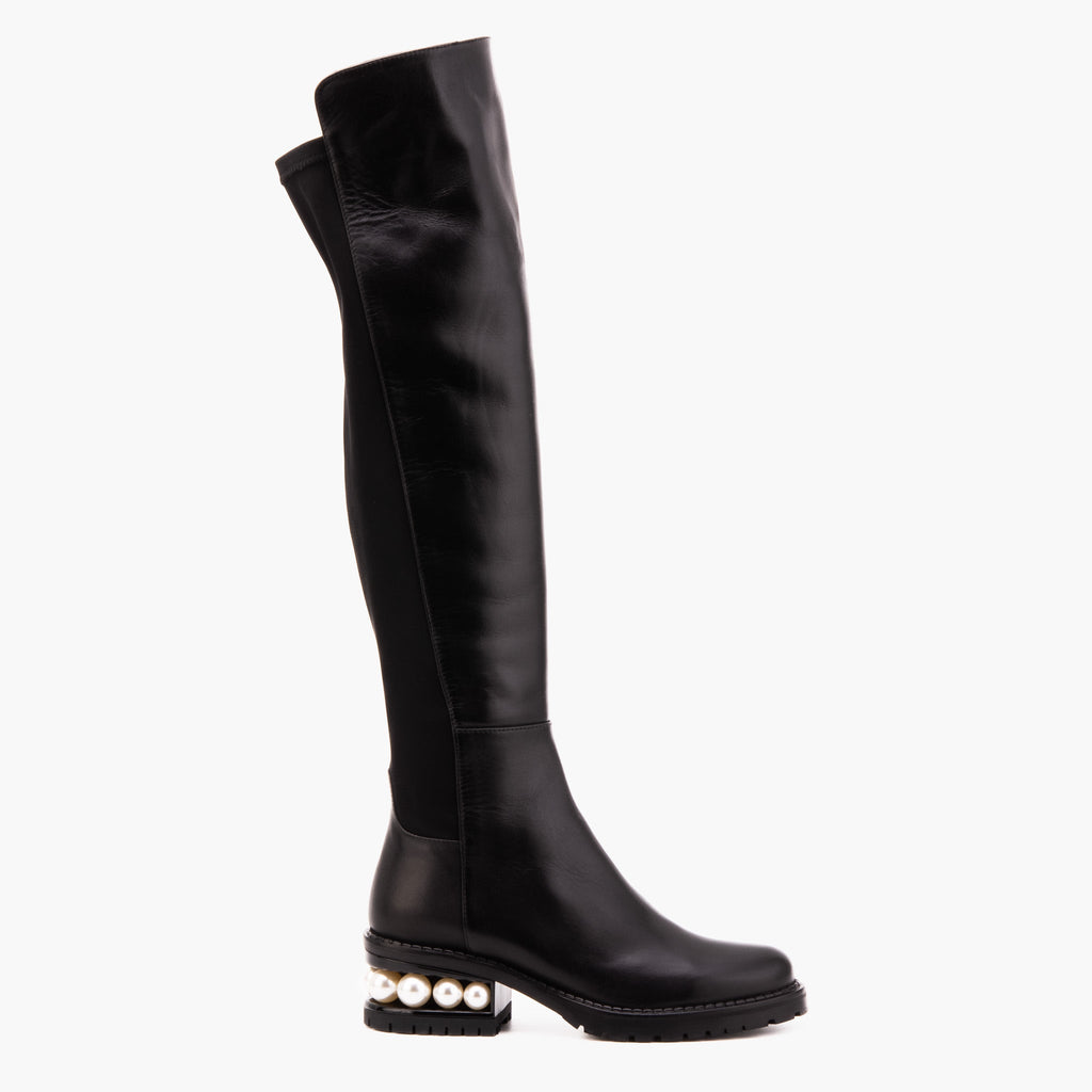 The Valeria Pearl Heel Knee-High Women Black Leather Boot