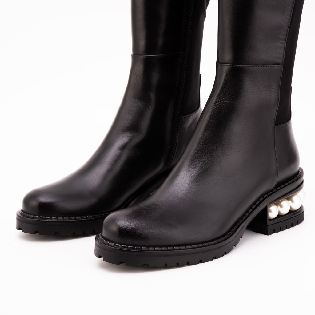 The Valeria Pearl Heel Knee-High Women Black Leather Boot